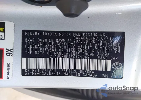 2015 Toyota Corolla L from USA, damaged, VIN 2T1BURHE4FC479362